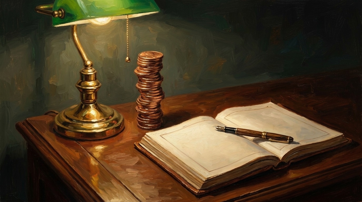 A stack of copper pennies beside an open ledger under a banker's lamp