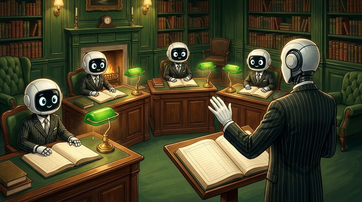 One butler conducting a room of pinstriped robot bookkeepers at individual desks, ledgers open, in a grand dark-green study