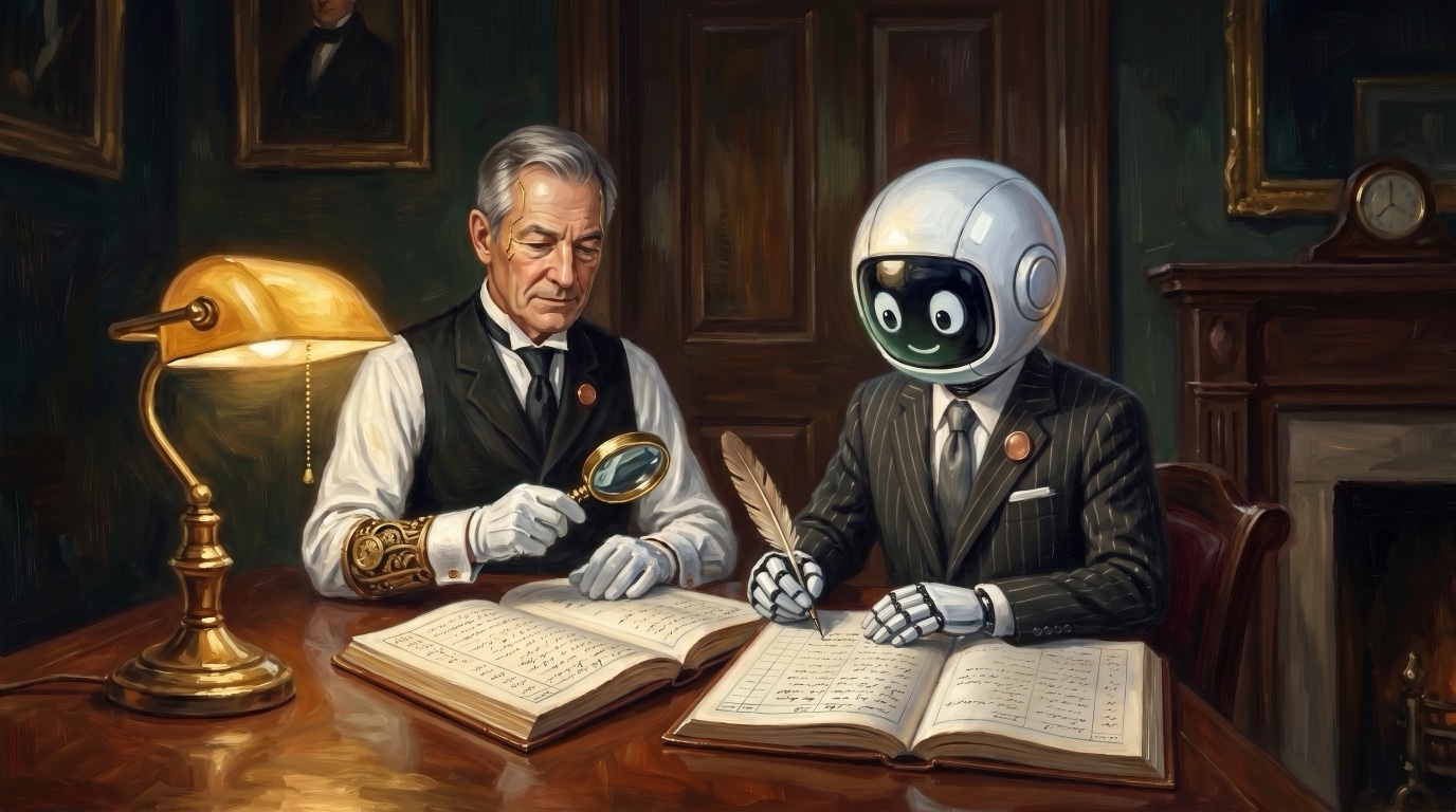 A butler holding a magnifying glass over a ledger page a small pinstriped robot has just finished, a second identical ledger open beside it for comparison