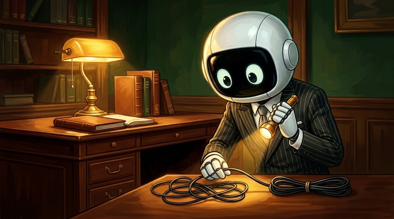 A pinstriped robot bookkeeper inspecting a tangled cable behind a tidy desk, flashlight in hand, in a dark-green study