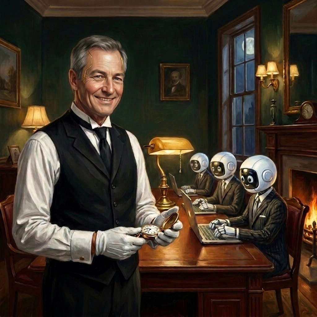 Alfred the butler checks his gold pocket watch while a fleet of pinstriped robots closes the books overnight in a dark-green study
