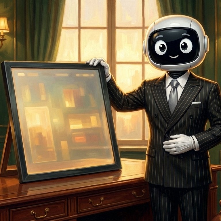 Pennyworth Firmglass — the butler presents a framed, glowing pane of glass, $499 to start, $199/mo